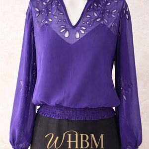 White House Black Market Purple Sheer Cutout Blouse Eyelet Long Sleeve Size S